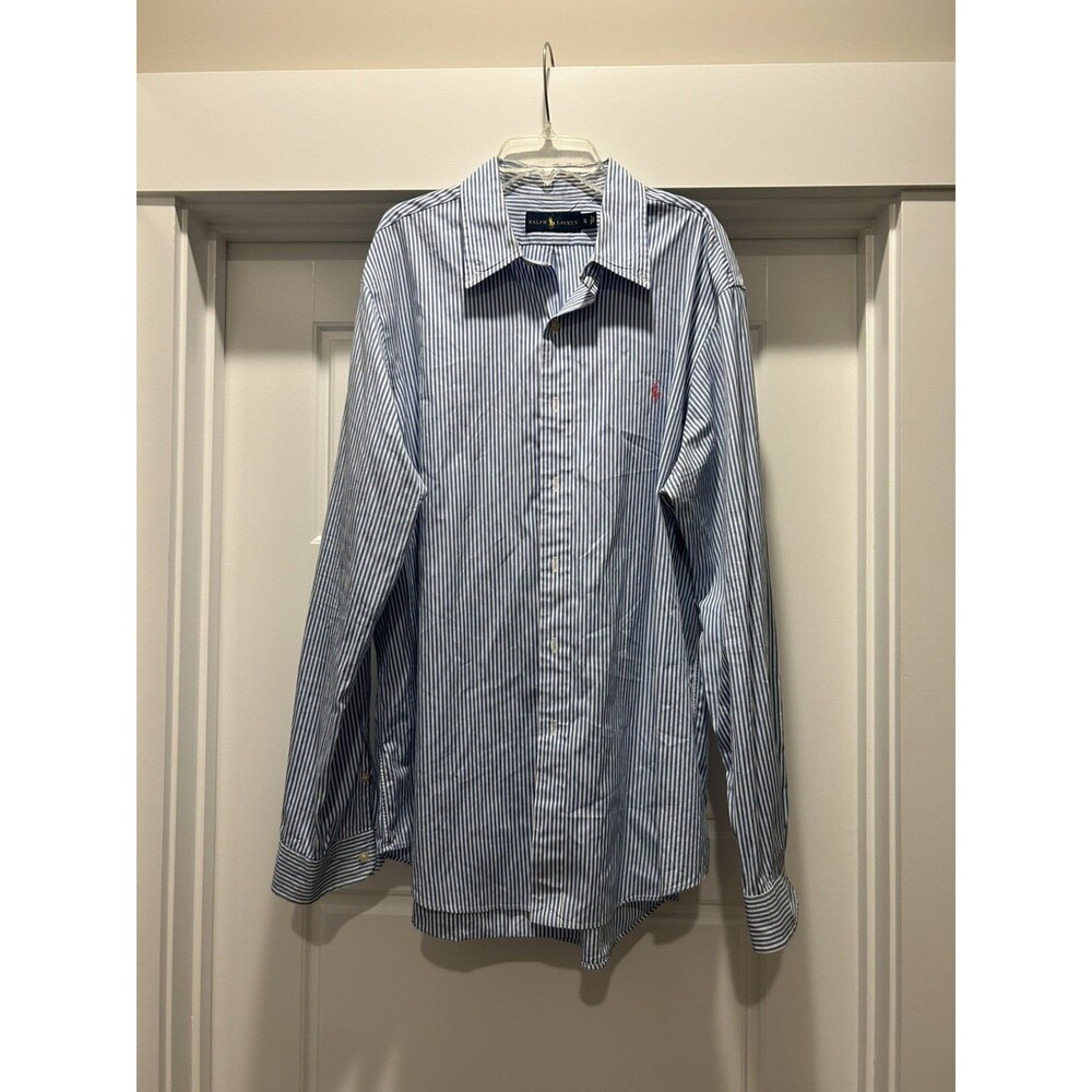 Ralph Lauren Classic Fit Button Down Shirt Blue Stripe Size XL Pink Logo Preppy